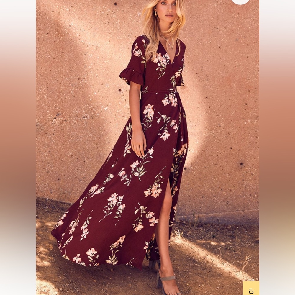 Lulus burgundy floral print wrap maxi dress